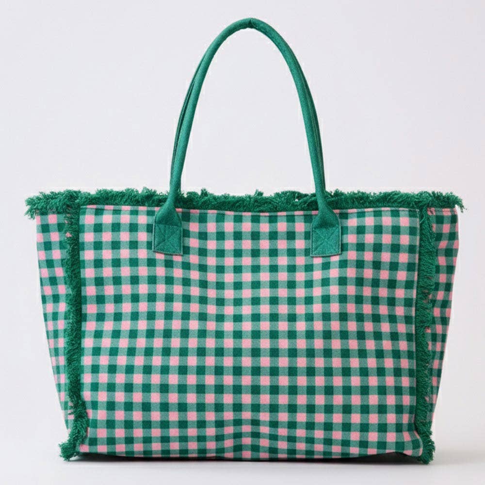 Gingham Check Terry Cloth Frayed Shoulder Tote Bag
