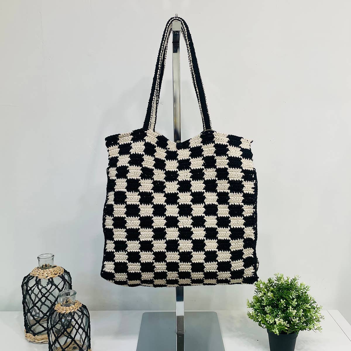 Fiona Bag - Checkered Cotton bag - Black and white