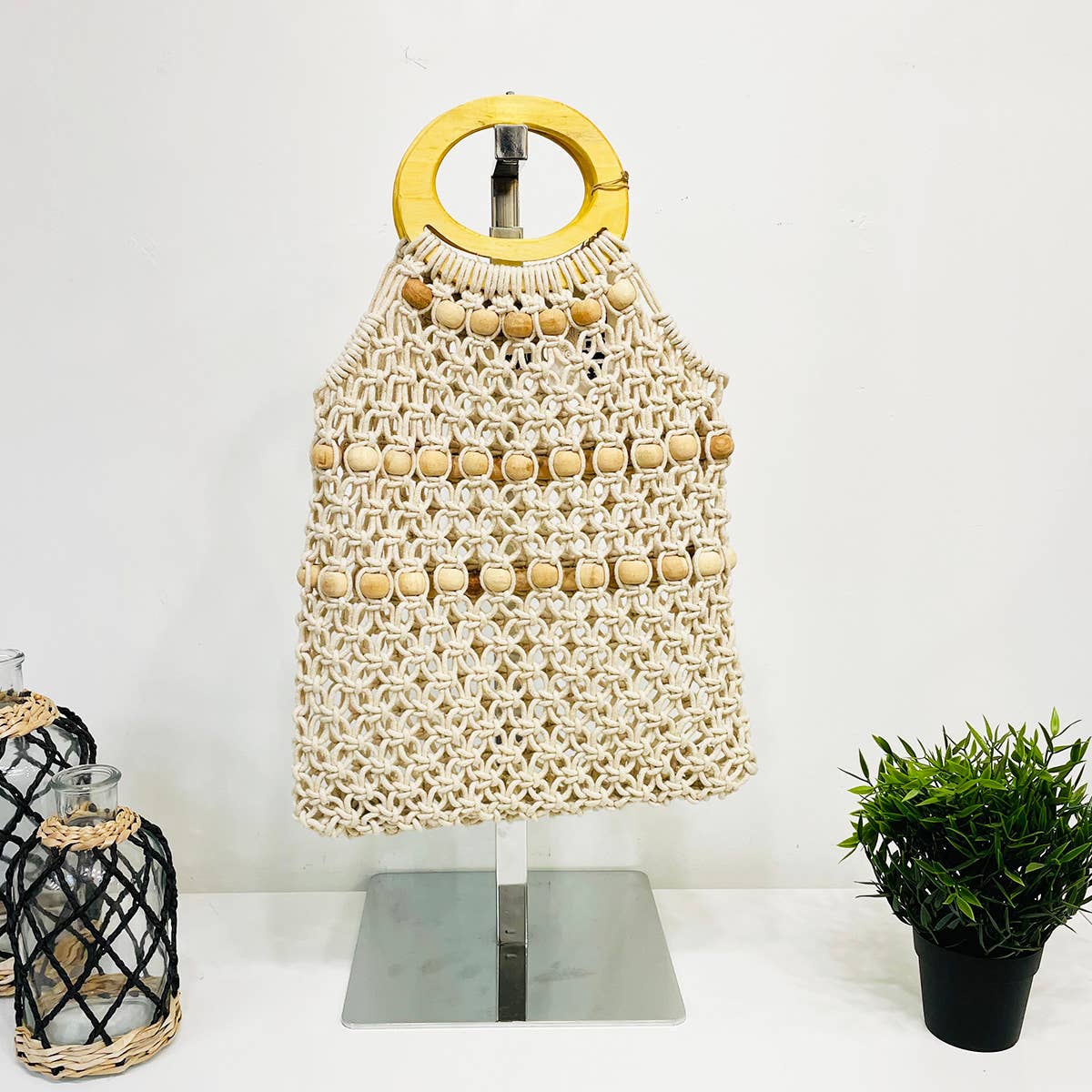 Coco Bag - Cotton macrame open weave bag with wood beads