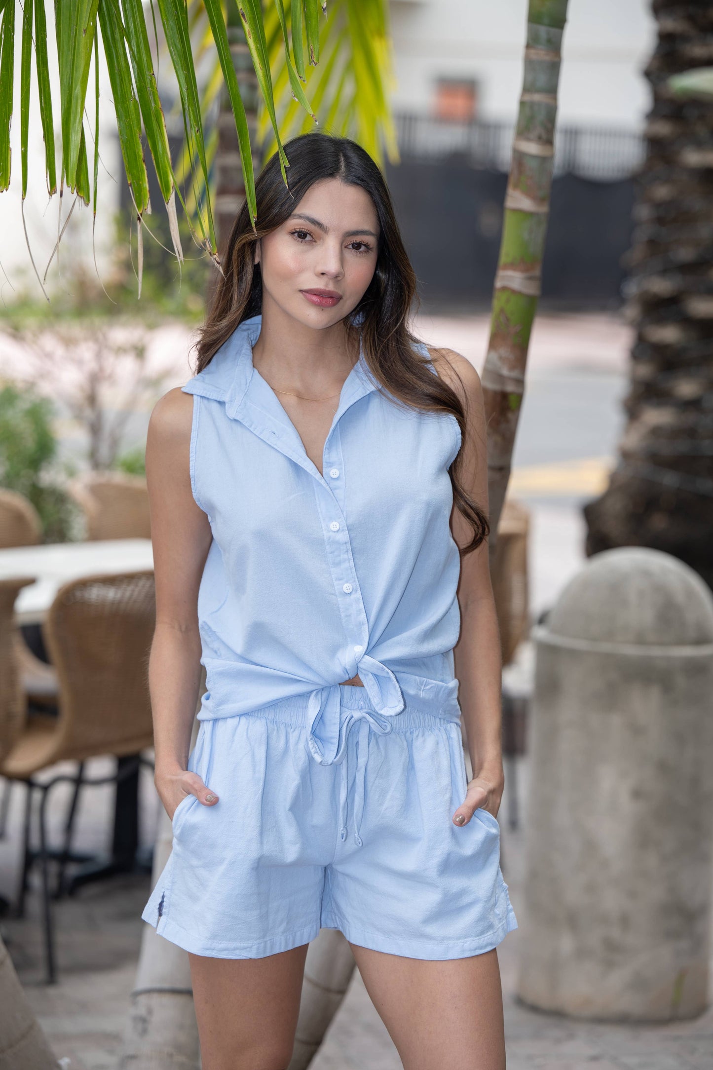 Astra Women's Sleeveless High-Low Button Up Cotton Top