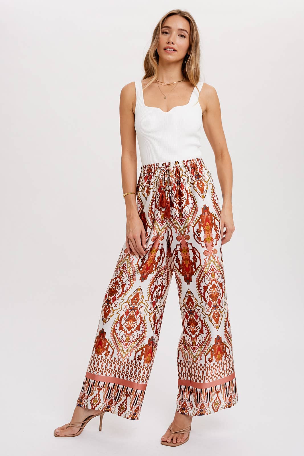 BORDER PRINT WIDE LEG PANTS