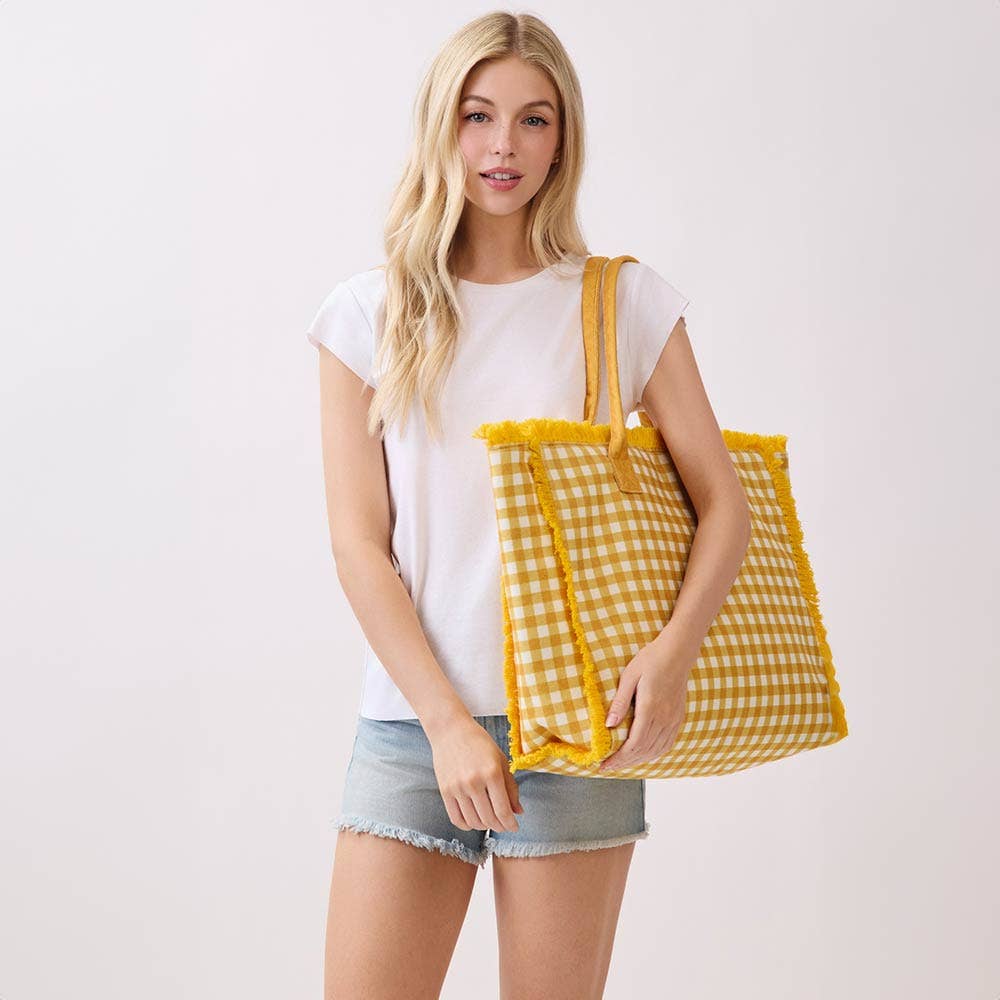 Gingham Check Terry Cloth Frayed Shoulder Tote Bag