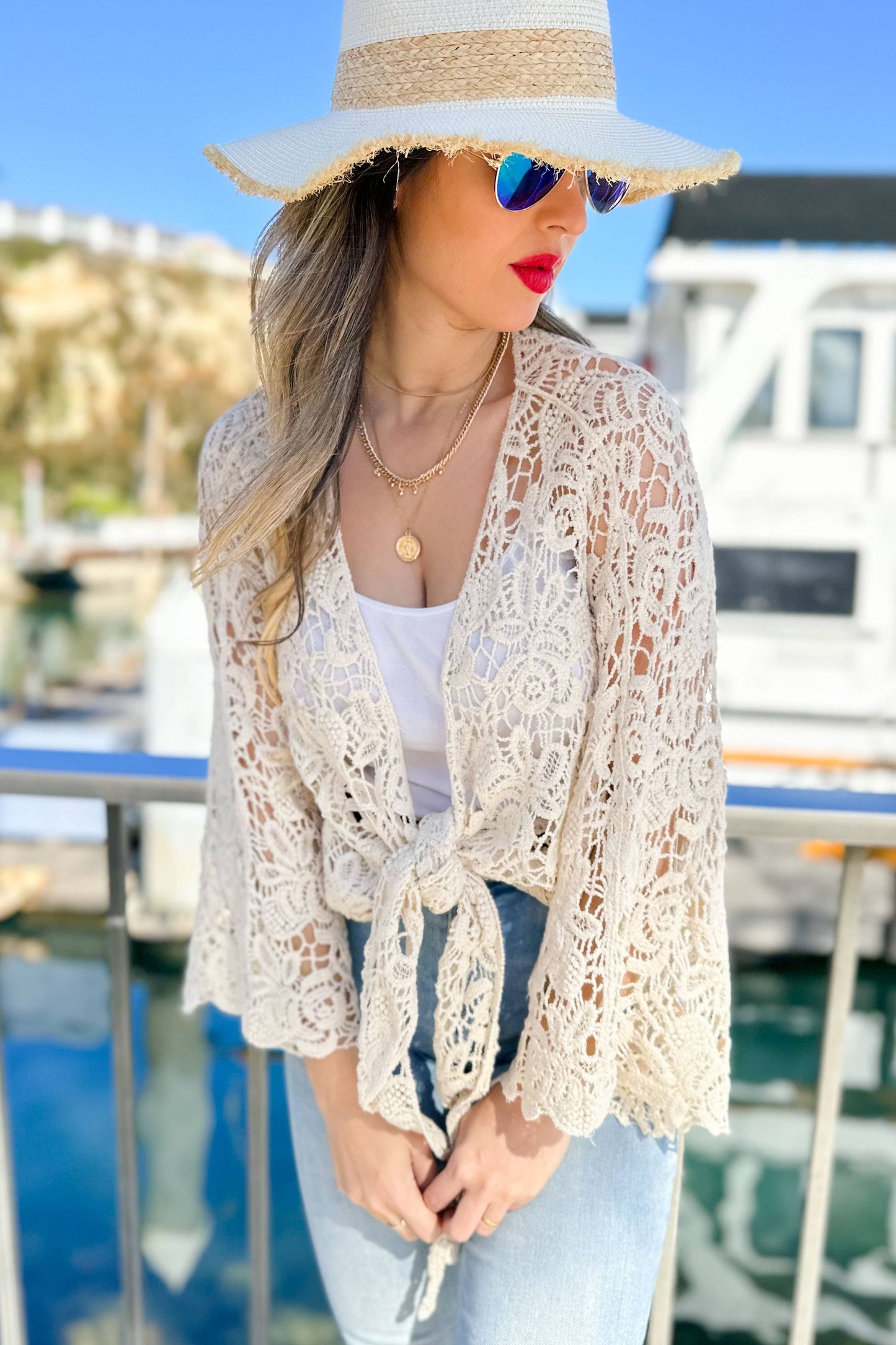 Ivory Floral Crochet Bell Sleeve Open Front Cardigan CoverUp