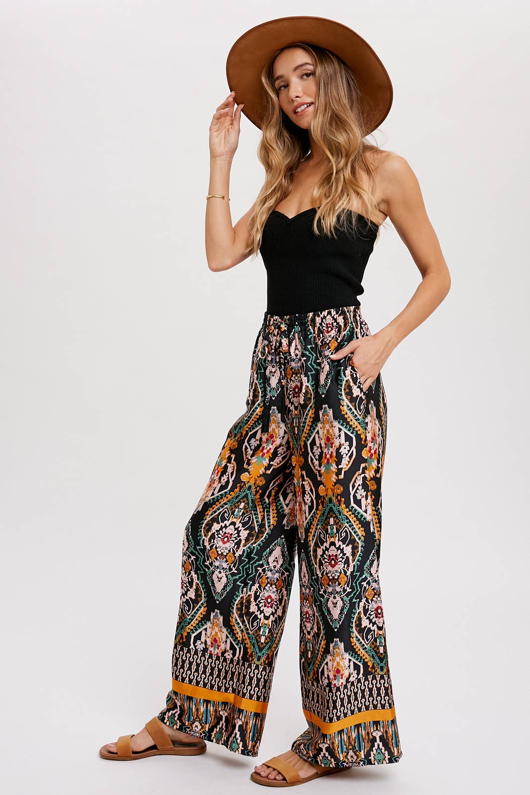 BORDER PRINT WIDE LEG PANTS