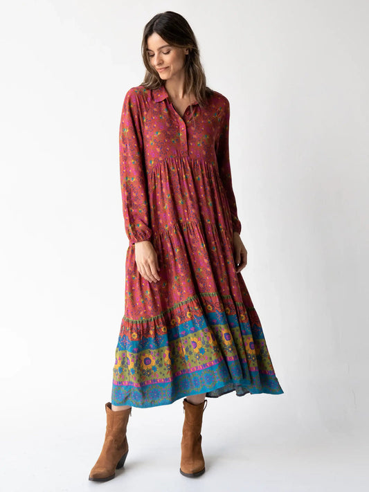 Natural Life Rebecca Long Sleeve Midi Dress-Sunflowers Red Clay