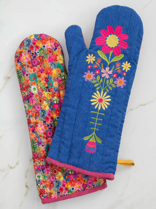 Natural Life Bake Happy Double-Sided Oven Mitt-Blue Folk Flower Patchwork