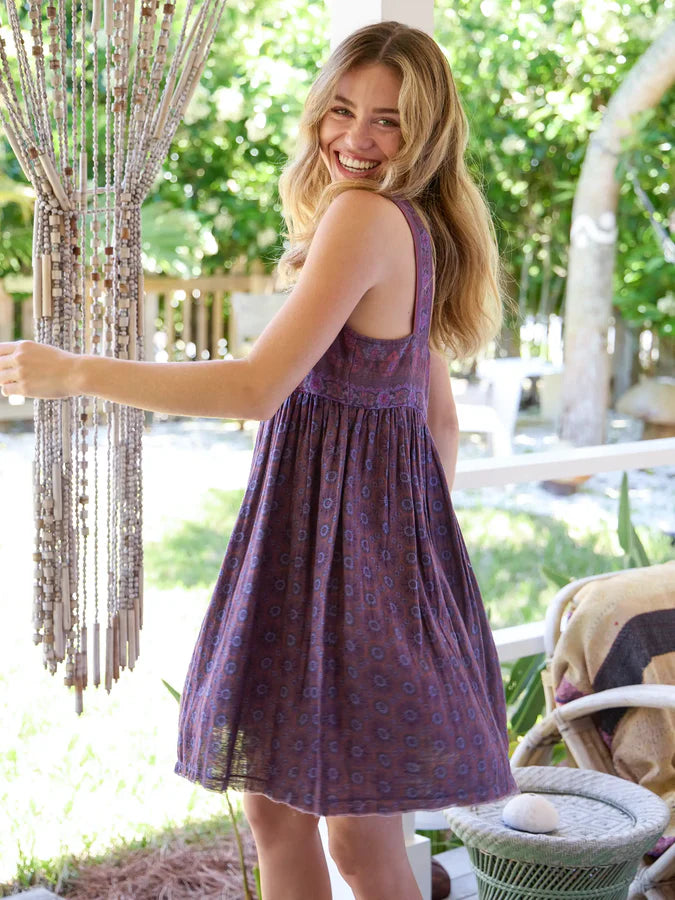 Natural Life Tricia Reversible Cotton Mini Dress- Medallion Eggplant Sunburst