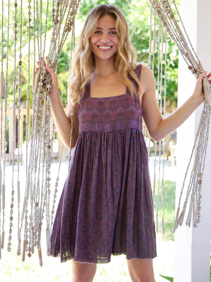 Natural Life Tricia Reversible Cotton Mini Dress- Medallion Eggplant Sunburst