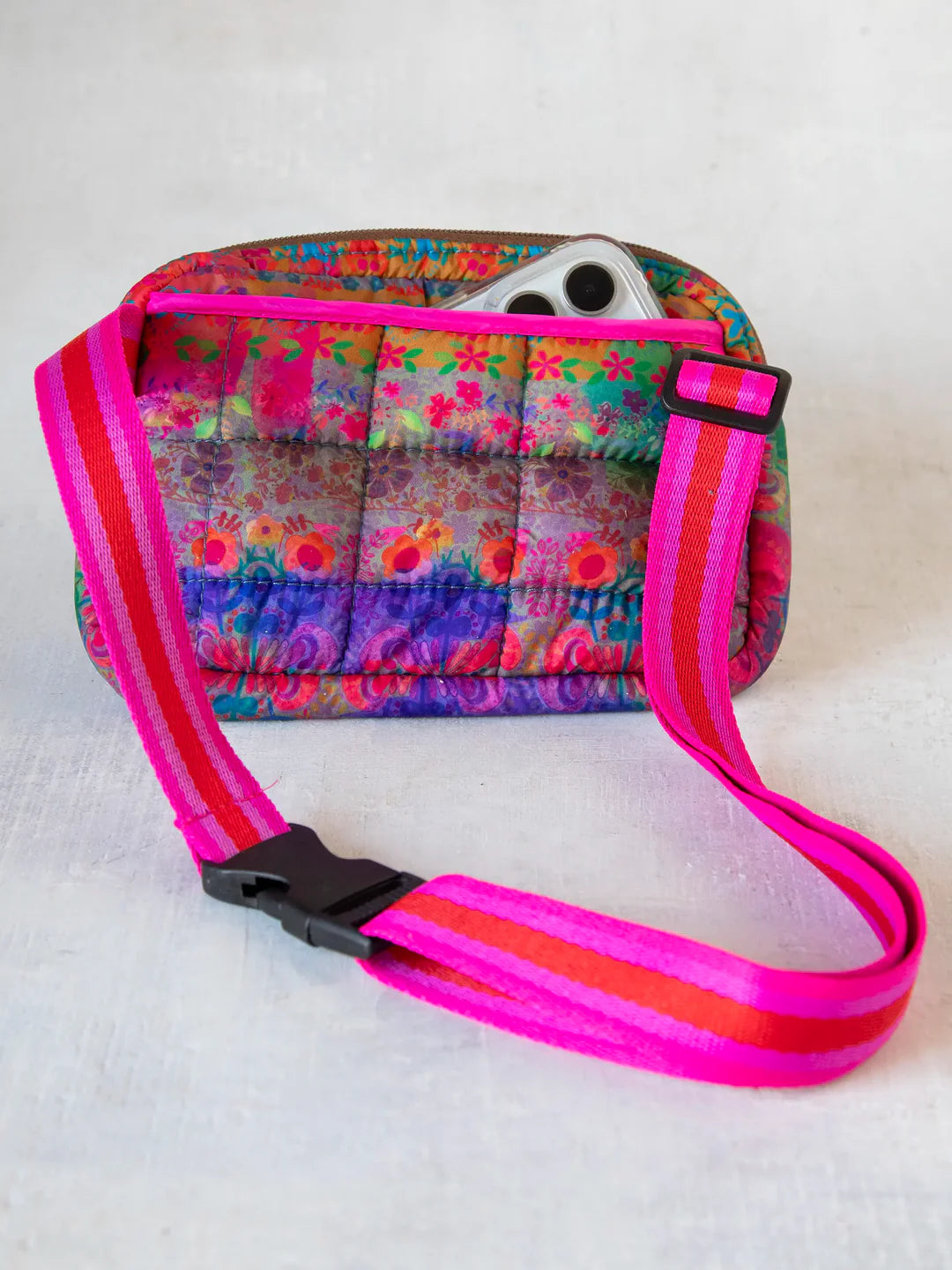 Natural Life Everyday Puffy Fanny Pack-Purple Pink Floral Border