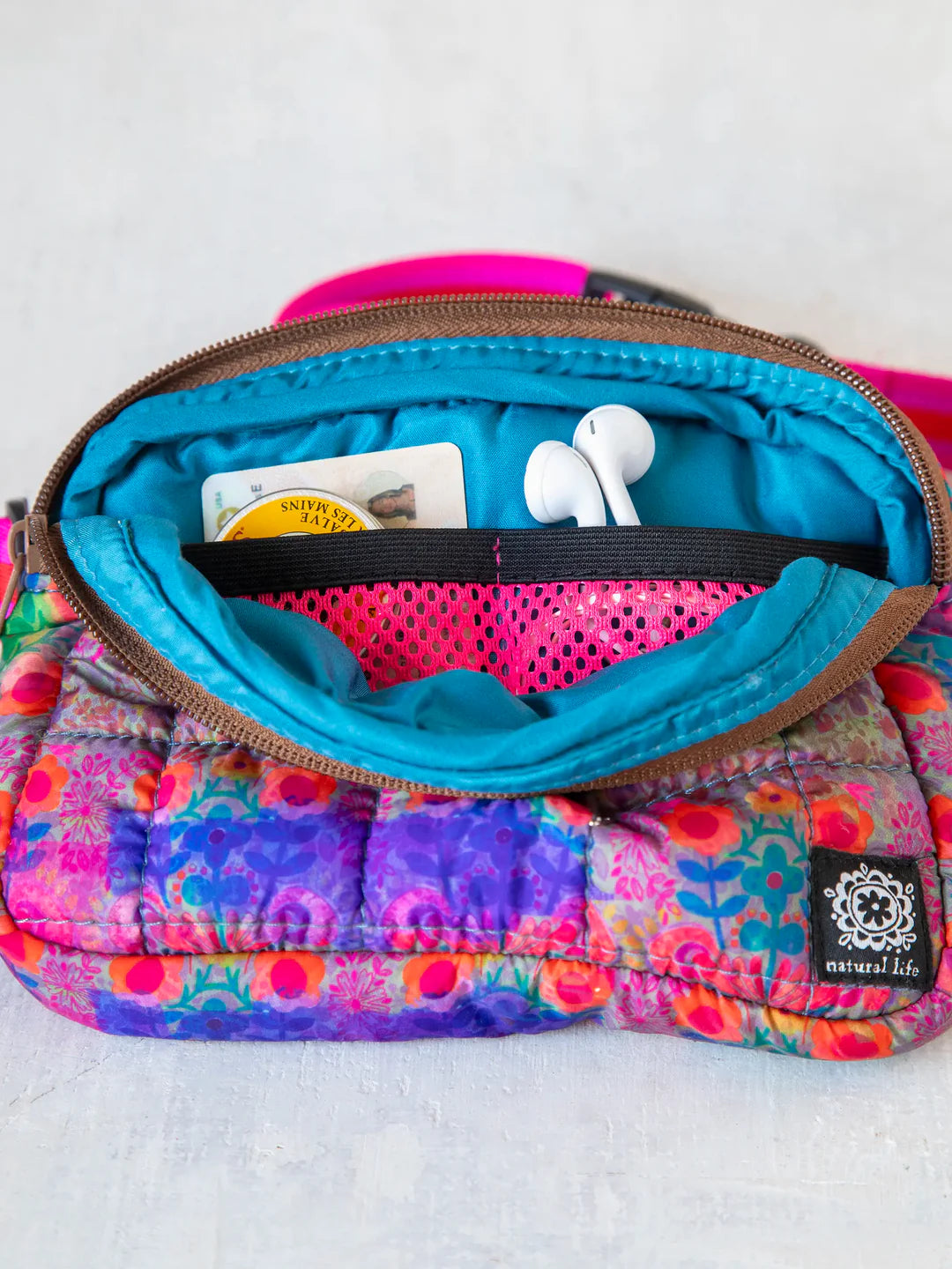 Natural Life Everyday Puffy Fanny Pack-Purple Pink Floral Border