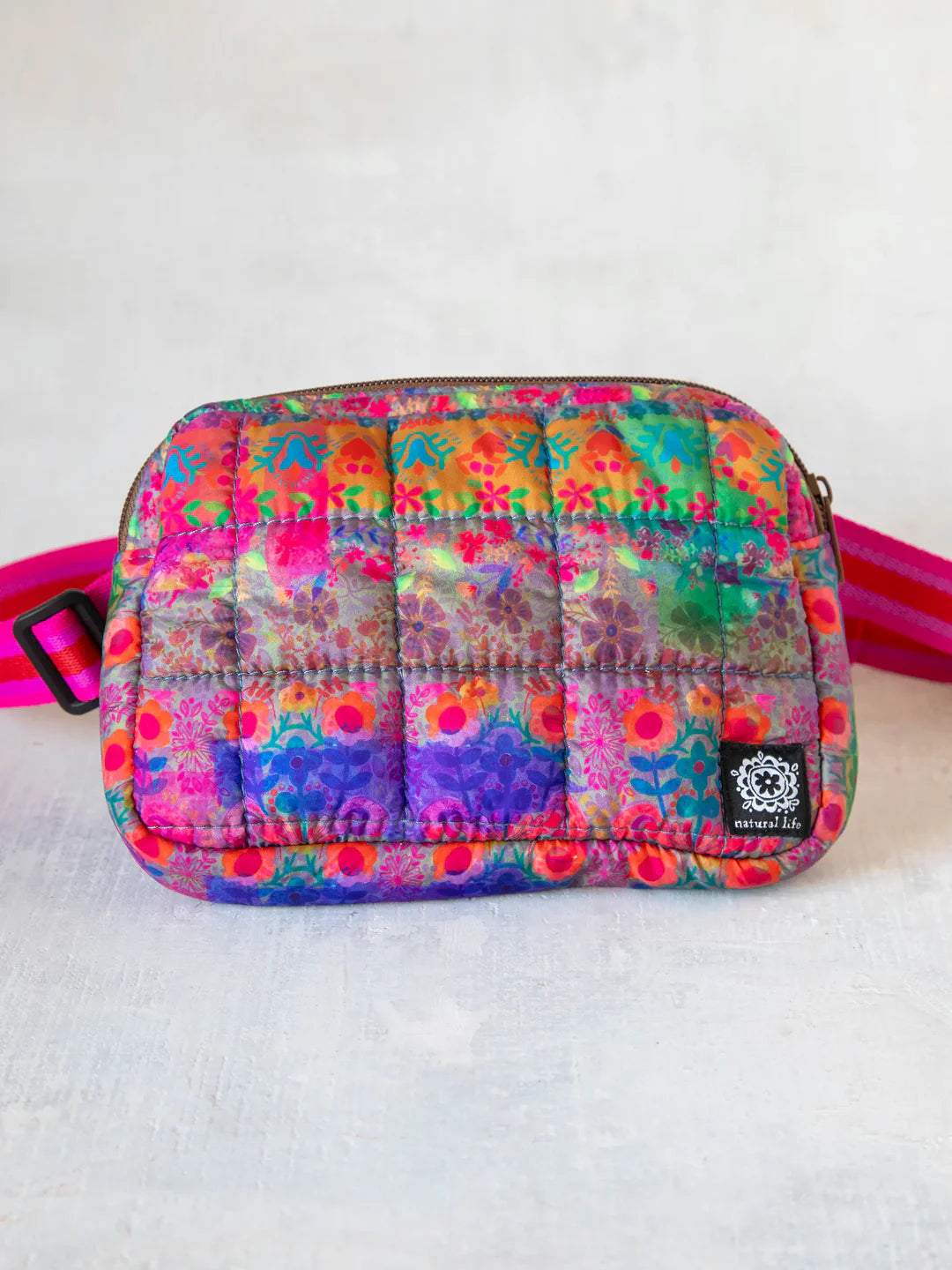 Natural Life Everyday Puffy Fanny Pack-Purple Pink Floral Border