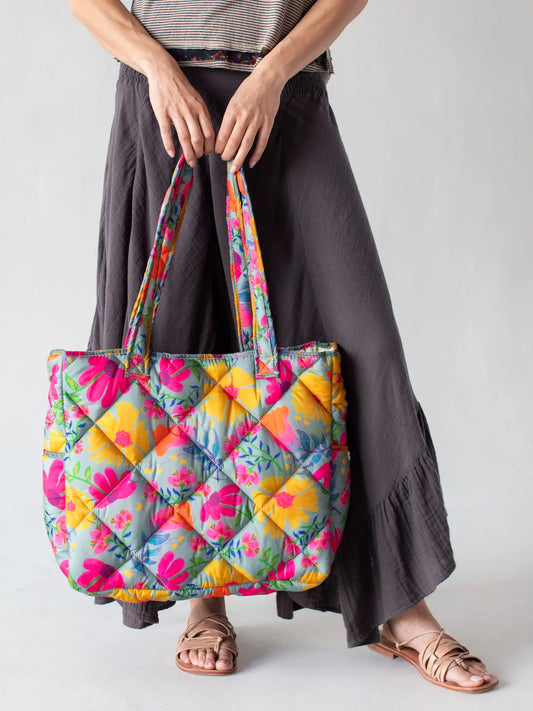 Natural Life Reversible Puffy Tote Bag-Large Dusty Blue Floral