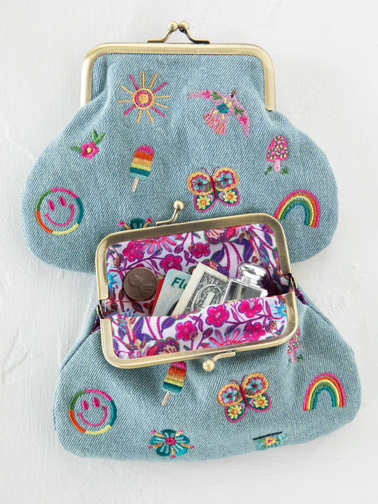 Natural Life Embroidered Kisslock Coin Purse-Denim