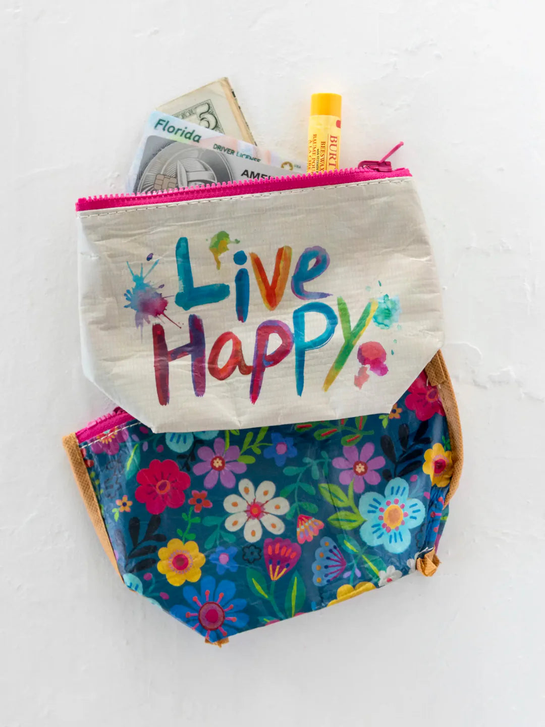 Natural Life Small Recycled Reversible Zipper Pouch- Live Happy