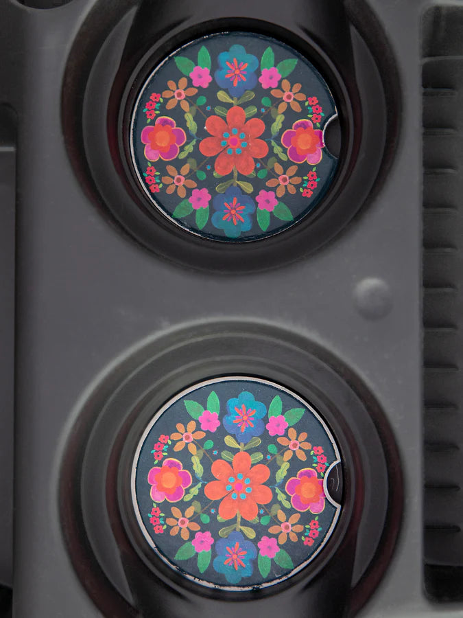 Natural Life Car Coasters, Set of 2- Folk Flower