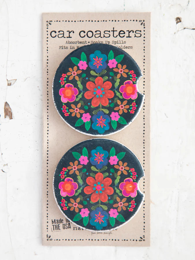 Natural Life Car Coasters, Set of 2- Folk Flower