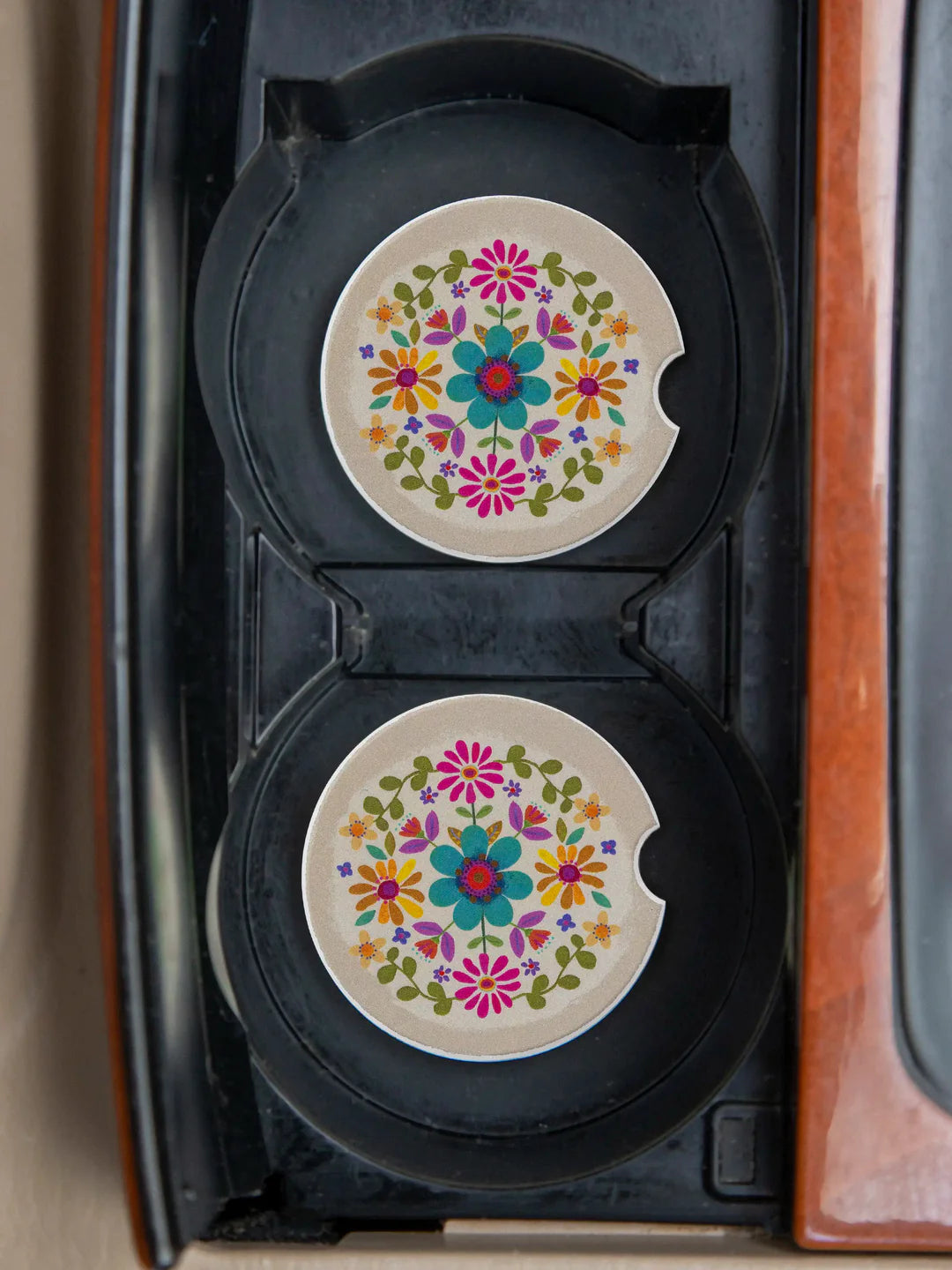 Natural Life Car Coasters, Set of 2- Cream Folk Flower