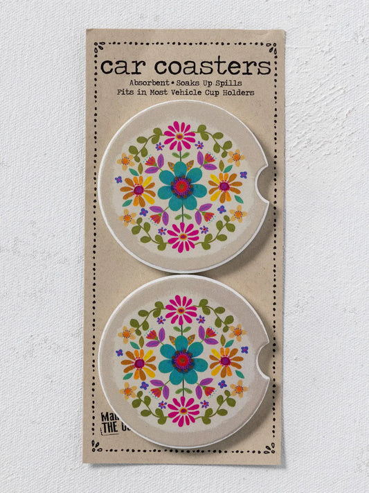 Natural Life Car Coasters, Set of 2- Cream Folk Flower