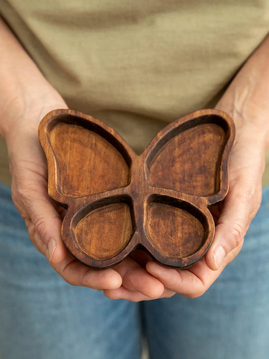 Natural Life Carved Wood Trinket Dish-Butterfly