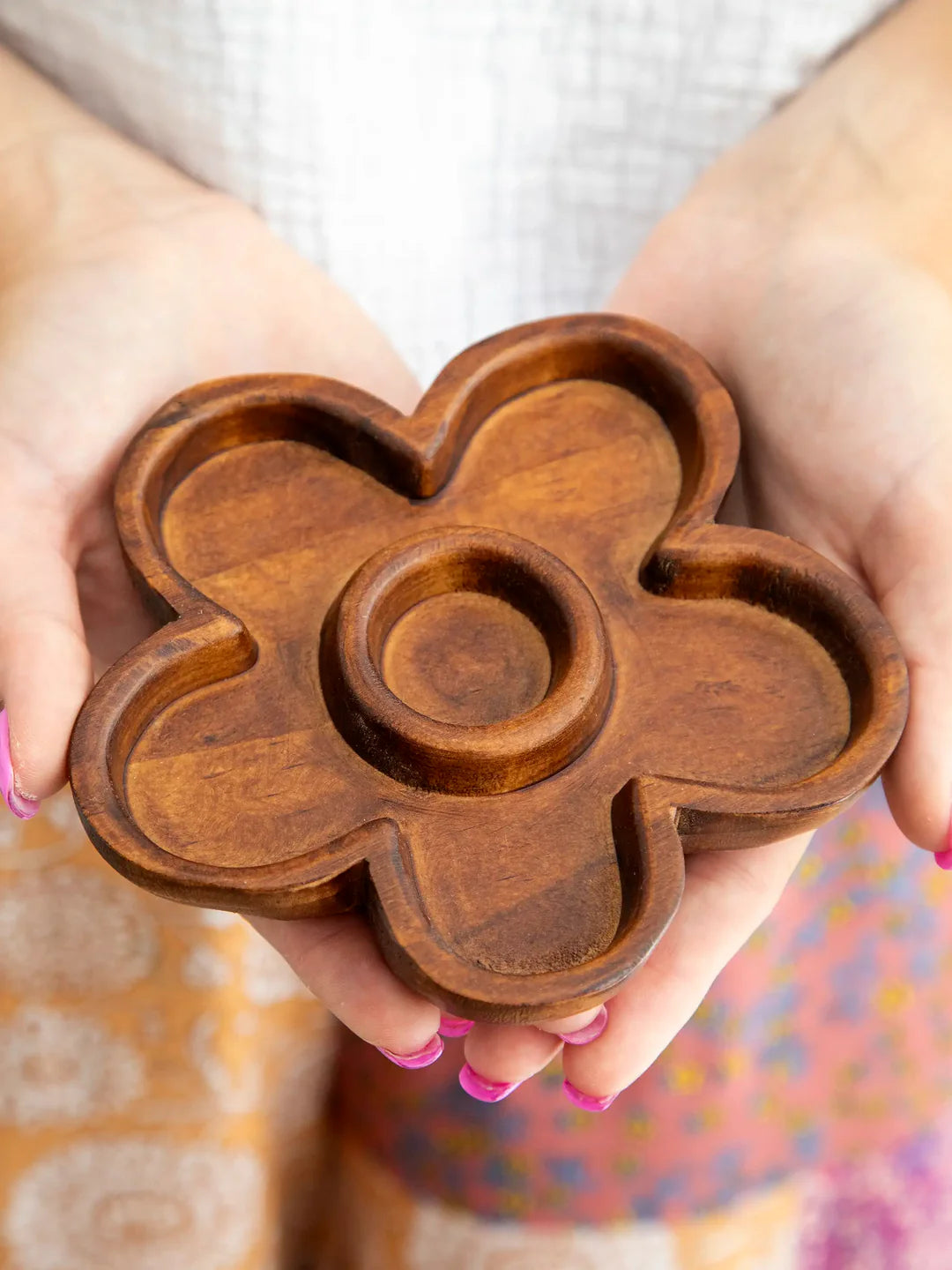 Natural Life Carved Wood Trinket Dish-Flower