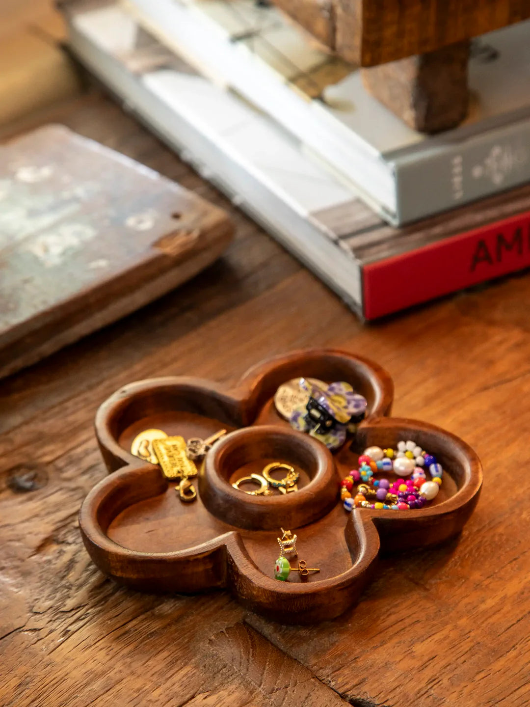 Natural Life Carved Wood Trinket Dish-Flower