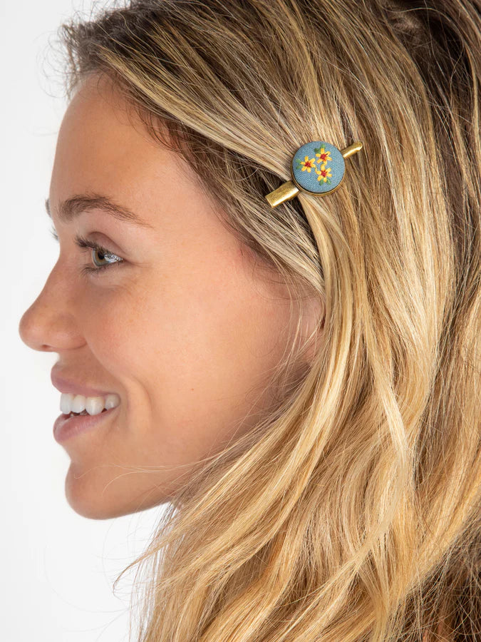 Natural Life Embroidered Button Hair Clips, Set of 3