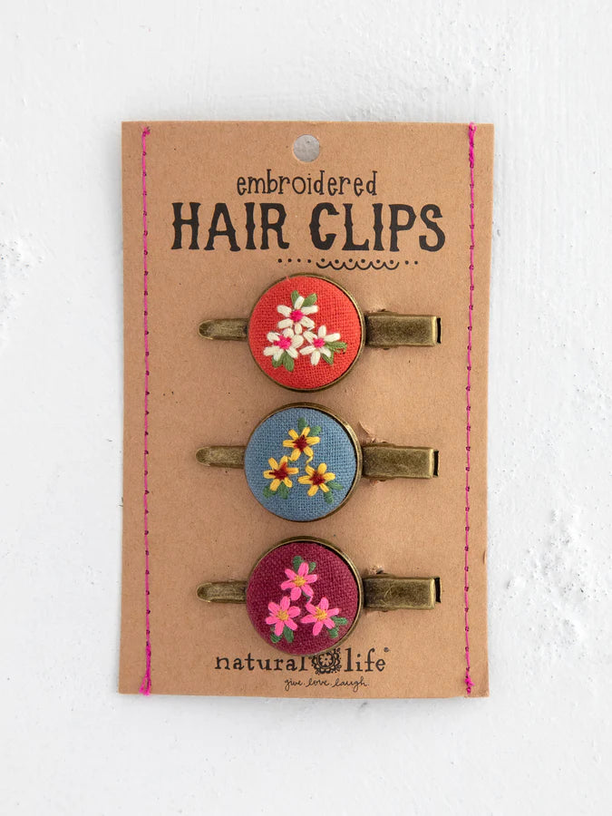 Natural Life Embroidered Button Hair Clips, Set of 3