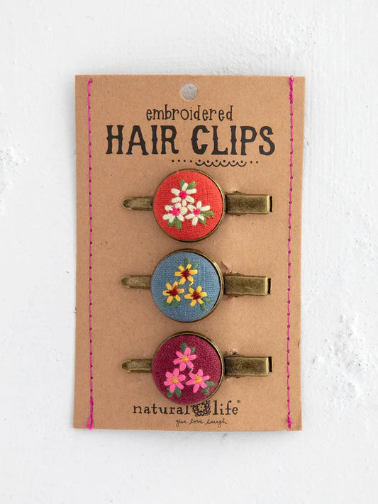 Natural Life Embroidered Button Hair Clips, Set of 3