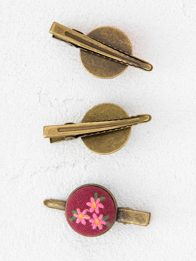 Natural Life Embroidered Button Hair Clips, Set of 3
