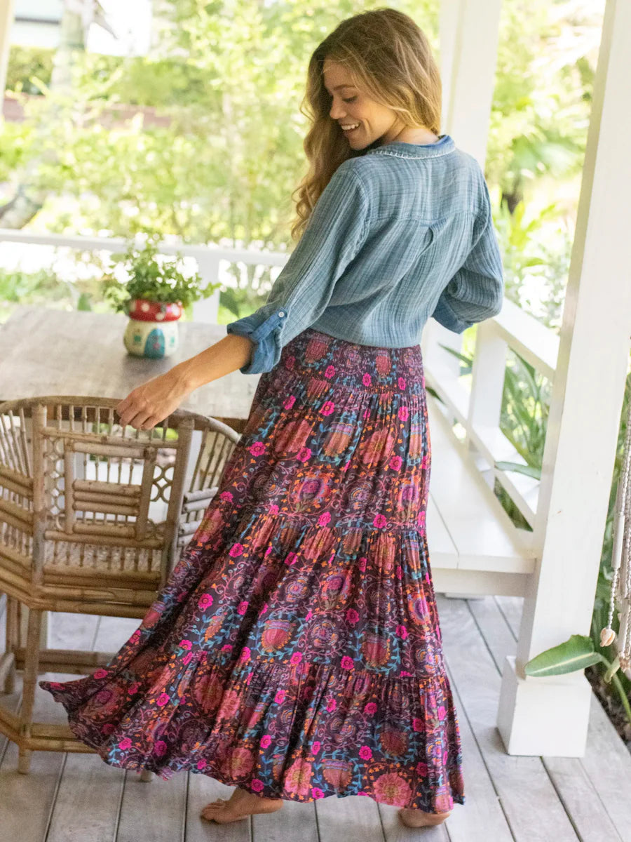 Natural Life Hanna Convertible Maxi Skirt - Black Printed Folk Circles