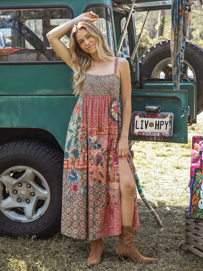 Natural Life Patti Side Slit Cotton Maxi - Patchwork Medallion Floral