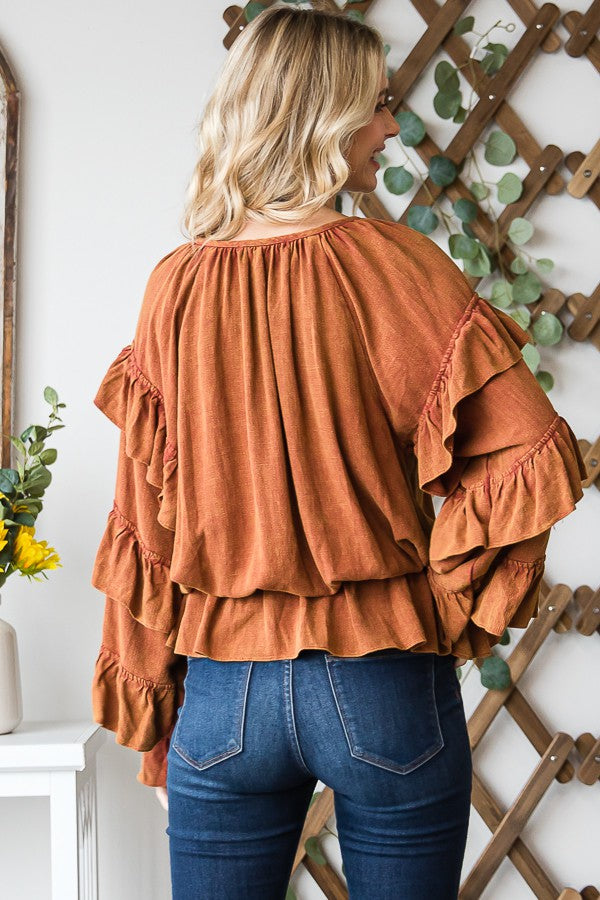 OLI & HALI WASHED TIERED RUFFLE SLEEVE PEPLUM BLOUSE