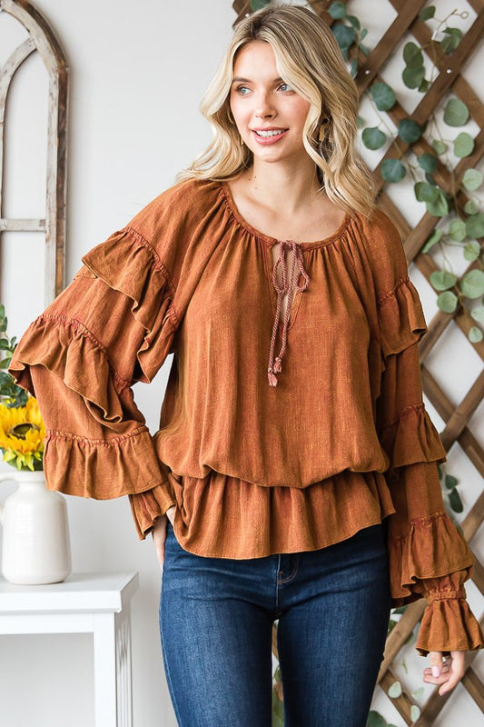 OLI & HALI WASHED TIERED RUFFLE SLEEVE PEPLUM BLOUSE