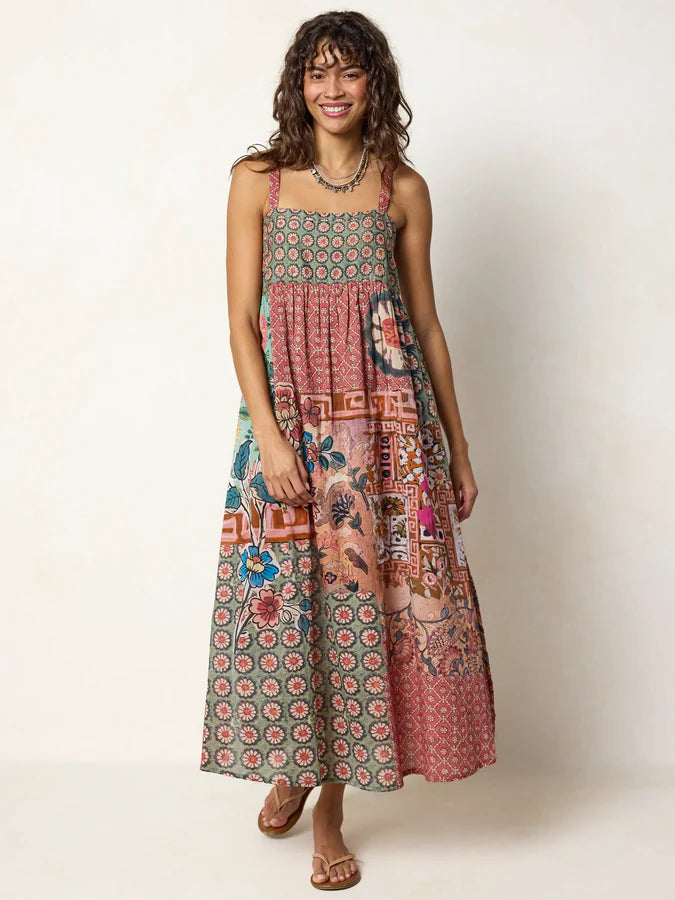 Natural Life Patti Side Slit Cotton Maxi - Patchwork Medallion Floral