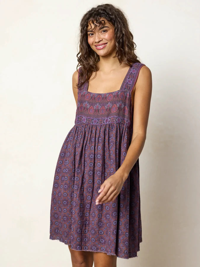 Natural Life Tricia Reversible Cotton Mini Dress- Medallion Eggplant Sunburst