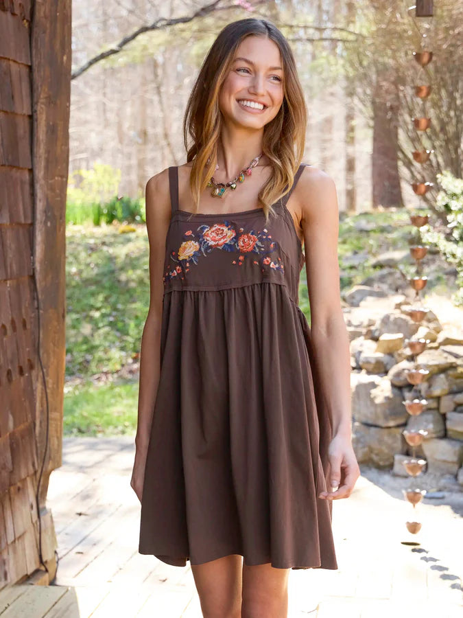 Natural Life Patti Embroidered Mini Dress-Brown