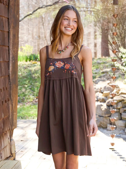 Natural Life Patti Embroidered Mini Dress-Brown