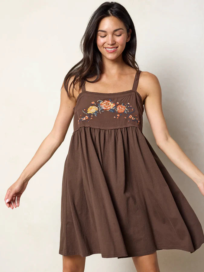 Natural Life Patti Embroidered Mini Dress-Brown