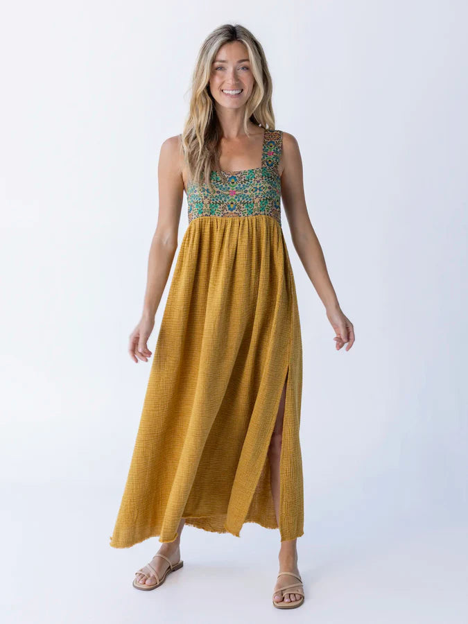 Natural Life Tricia Maxi Dress-Mustard Gauze