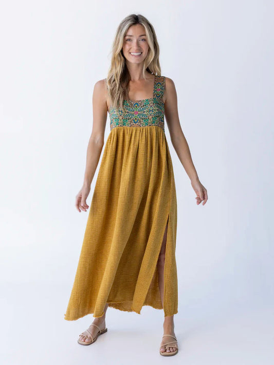 Natural Life Tricia Maxi Dress-Mustard Gauze