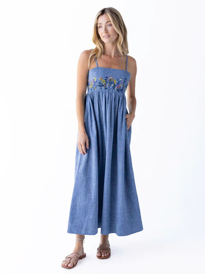 Natural Life Bailey Embroidered Maxi Dress-Denim Floral