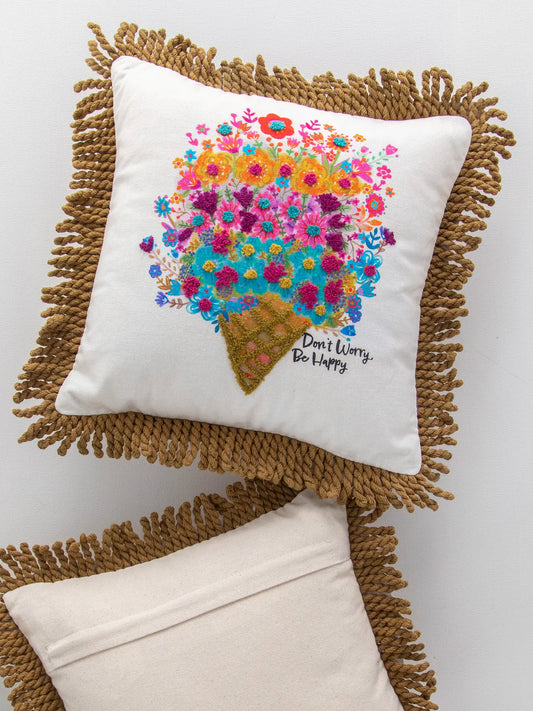 Natural Life Tufted Boho Pillow-Don't Worry Be Happy