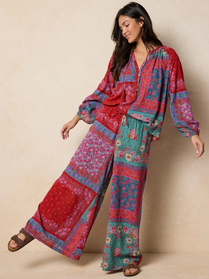 Natural Life Go With The Flow Wide Leg Pants- Jewel Positano Scarf