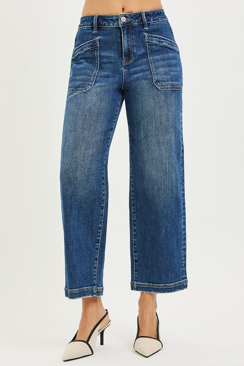 RISEN SLOUCHY CROPPED BAGGY JEANS WITH FRONT PATCH POCKET DETAIL