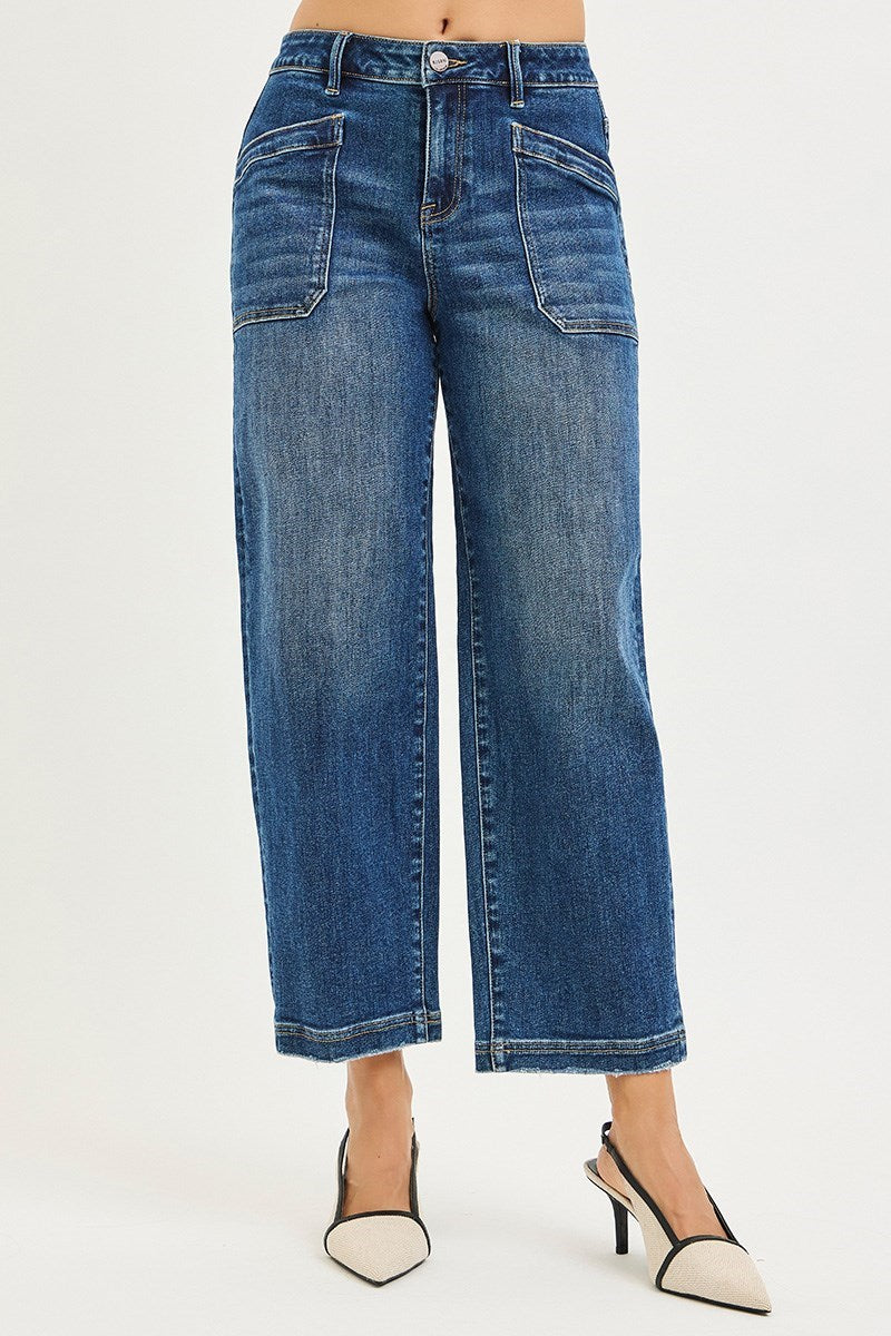 RISEN SLOUCHY CROPPED BAGGY JEANS WITH FRONT PATCH POCKET DETAIL