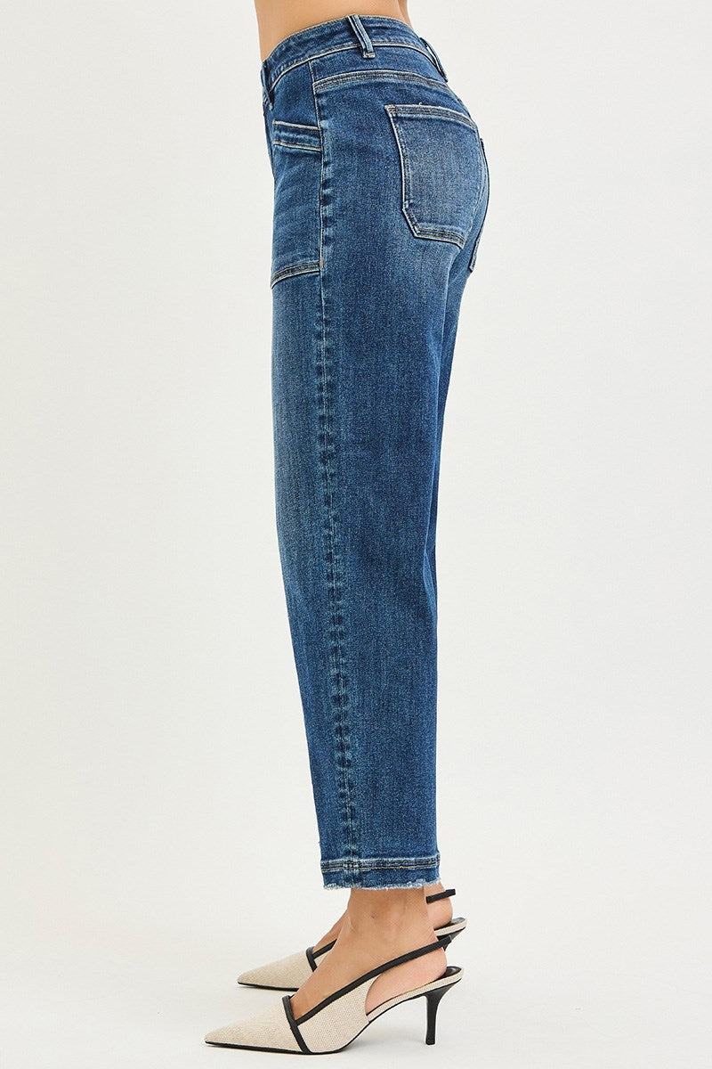 RISEN SLOUCHY CROPPED BAGGY JEANS WITH FRONT PATCH POCKET DETAIL