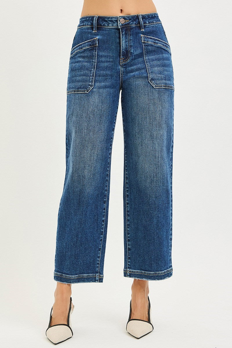 RISEN SLOUCHY CROPPED BAGGY JEANS WITH FRONT PATCH POCKET DETAIL