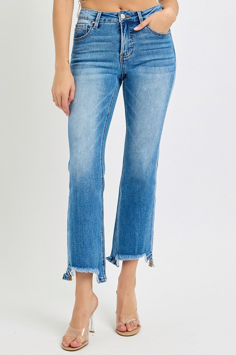 RISEN TUMMY CONTROL MID RISE CROP BOOTCUT UNBALANCED HEM JEANS
