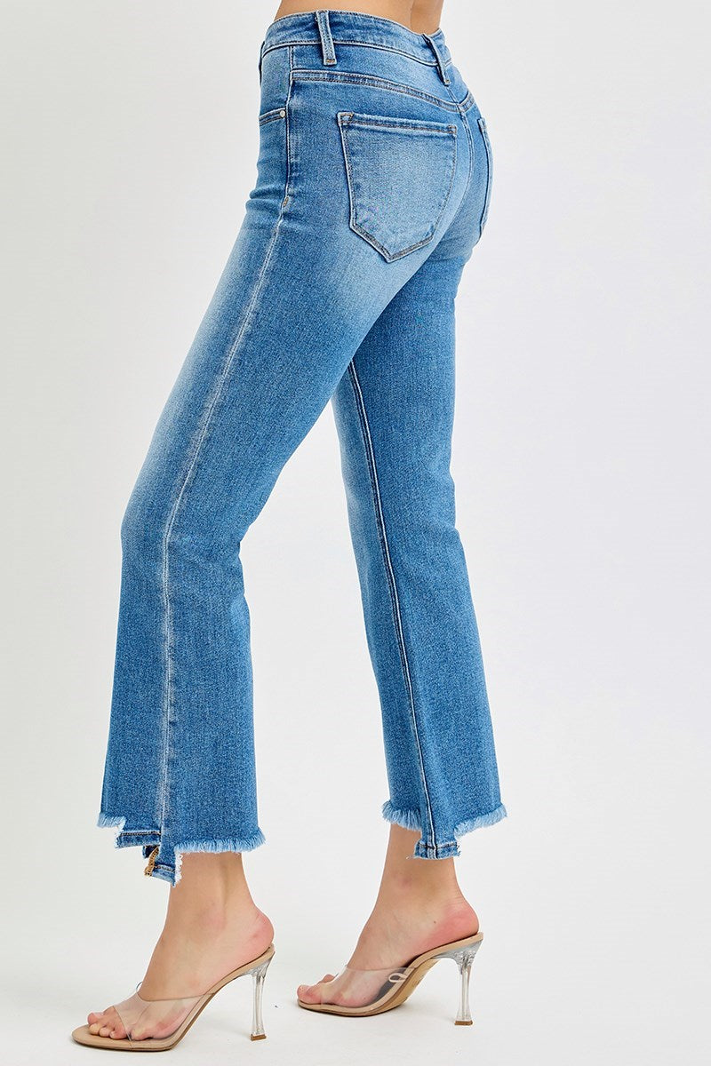 RISEN TUMMY CONTROL MID RISE CROP BOOTCUT UNBALANCED HEM JEANS