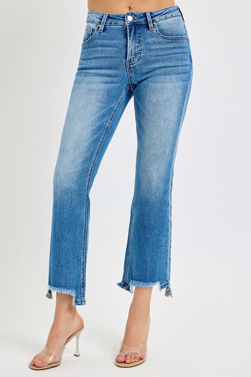 RISEN TUMMY CONTROL MID RISE CROP BOOTCUT UNBALANCED HEM JEANS